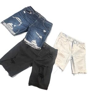 THREE PAIR American Eagle Men's Distressed Denim Shorts - Blue, Black, White